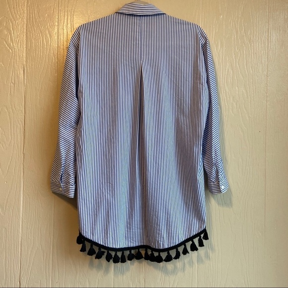 Zara Striped High Low Tassel Hem Button Down Shirt - Picture 6 of 8